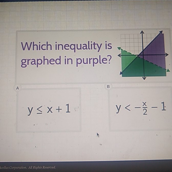 Which inequality is graphed in purple?
\( y \leq x+1 \)
\( y<-\frac{x}{2}-1 \)