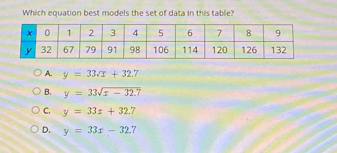 Which equation best models the set of data in this table?
\begin{tabular}{|c|c|c|c|c|c|c|c|c|c|c|}
\hline\( x \) & 0 & 1 & 2 & 3 & 4 & 5 & 6 & 7 & 8 & 9 \\
\hline\( y \) & 32 & 67 & 79 & 91 & 98 & 106 & 114 & 120 & 126 & 132 \\
\hline
\end{tabular}
A. \( y=33 \sqrt{x}+32.7 \)
B. \( y=33 \sqrt{x-32.7} \)
c. \( y=33 x+32.7 \)
D. \( y=33 x-32.7 \)