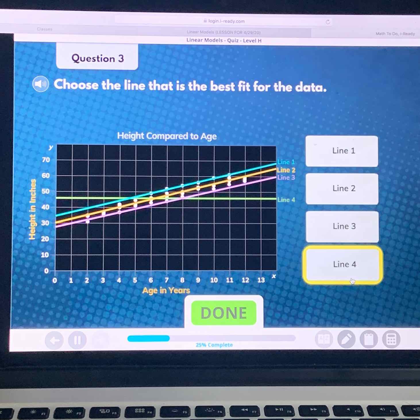 Question 3
(10) Choose the line that is the best fit for the data.
Height Compared to Age
Line 3
Line 2
Line 4
Age in Years
DONE
\( 25 \% \) complete