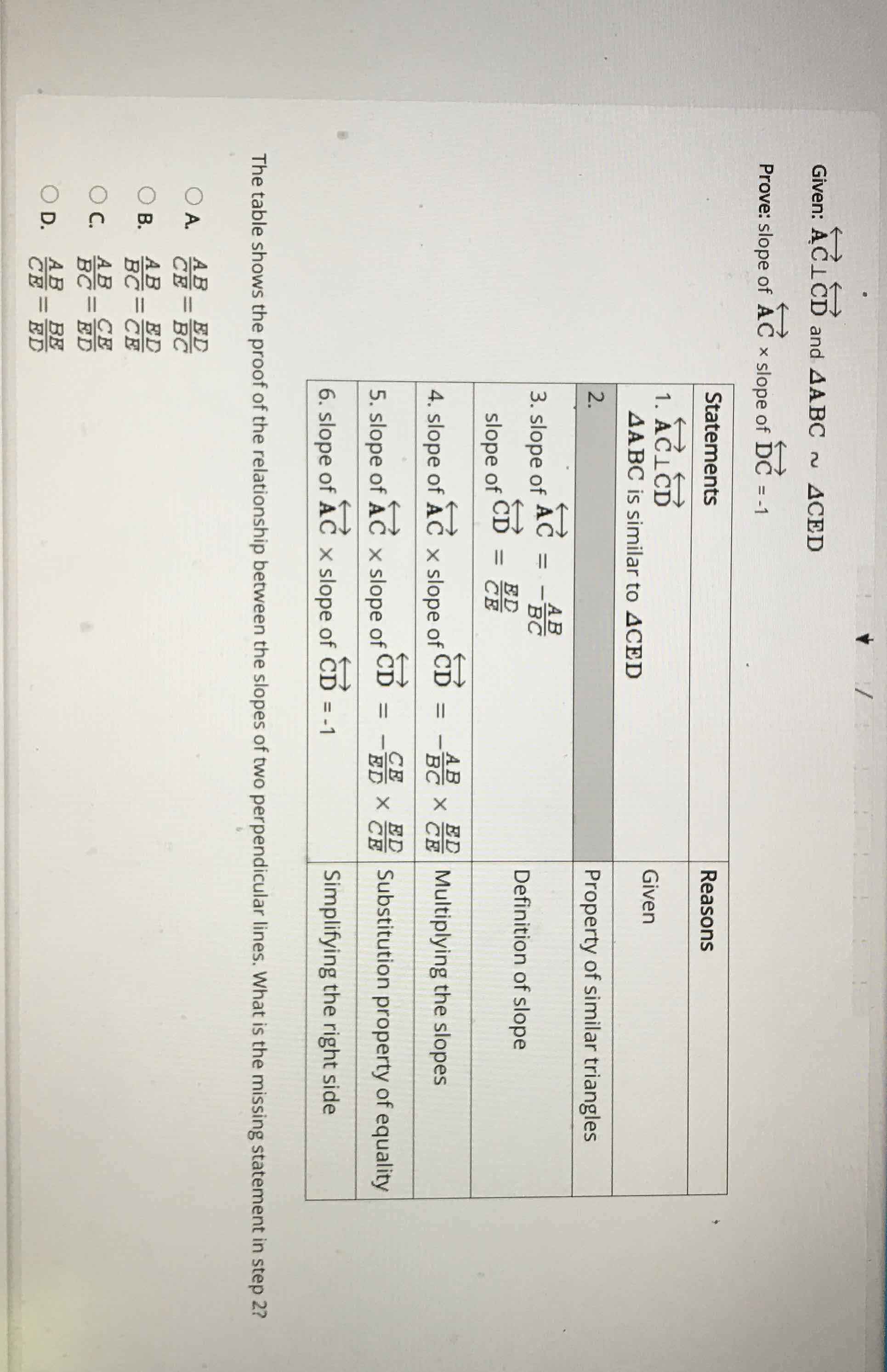 Given: \( \overleftrightarrow{\mathrm{AC} \perp \overleftrightarrow{\mathrm{CD}} \text { and } \Delta \mathrm{ABC} \sim \Delta \mathrm{CED}} \)
Prove: slope of \( \overleftrightarrow{\mathrm{AC}} \times \) slope of \( \overleftrightarrow{\mathrm{DC}}=-1 \)
The table shows the proof of the relationship between the slopes of two perpendicular lines. What is the missing statement in step \( 2 ? \)
A. \( \frac{A B}{C E}=\frac{E D}{B C} \)
B. \( \frac{A B}{B C}=\frac{E D}{C E} \)
C. \( \frac{A B}{B C}=\frac{C E}{E D} \)
D. \( \frac{A B}{C E}=\frac{B E}{E D} \)