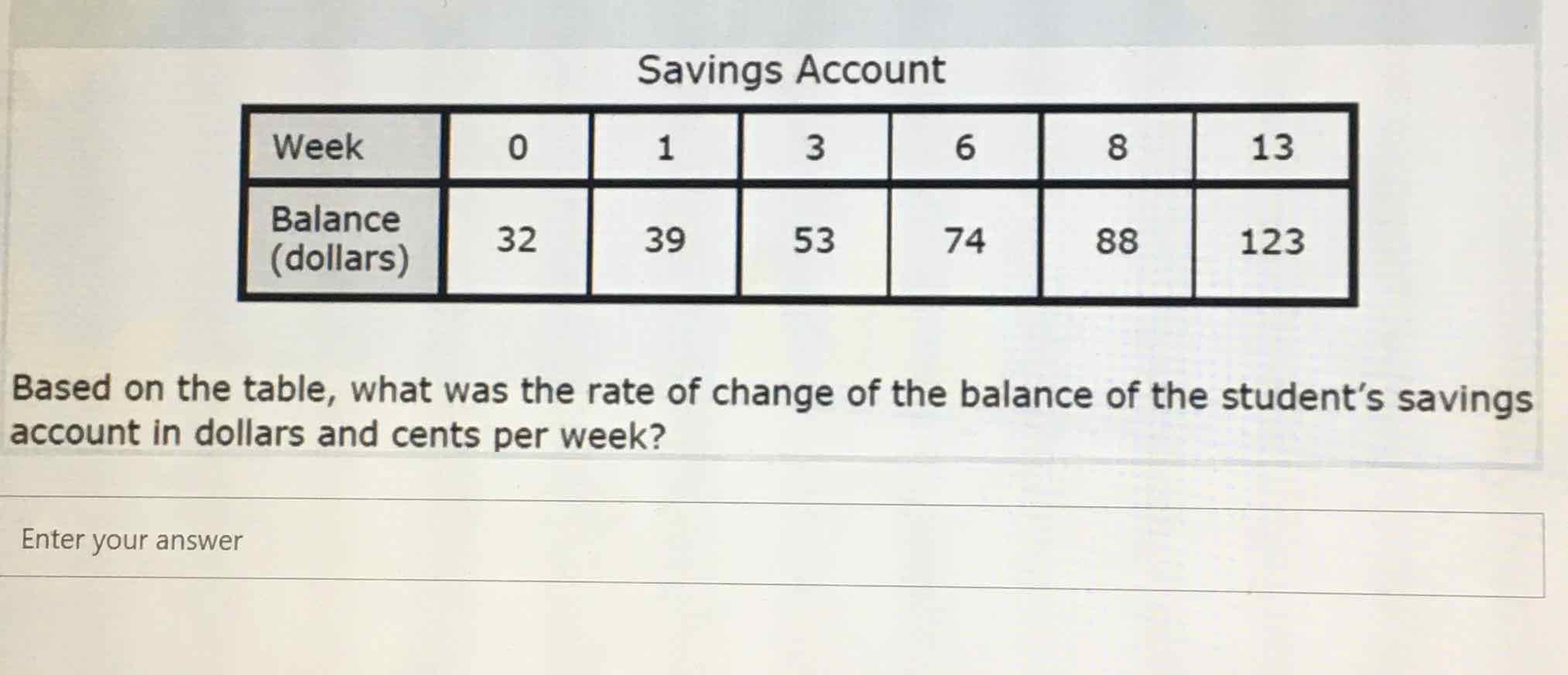 Savings Account
\begin{tabular}{|l|c|c|c|c|c|c|}
\hline Week & 0 & 1 & 3 & 6 & 8 & 13 \\
\hline Balance (dollars) & 32 & 39 & 53 & 74 & 88 & 123 \\
\hline
\end{tabular}
Based on the table, what was the rate of change of the balance of the student's savings account in dollars and cents per week?
Enter your answer