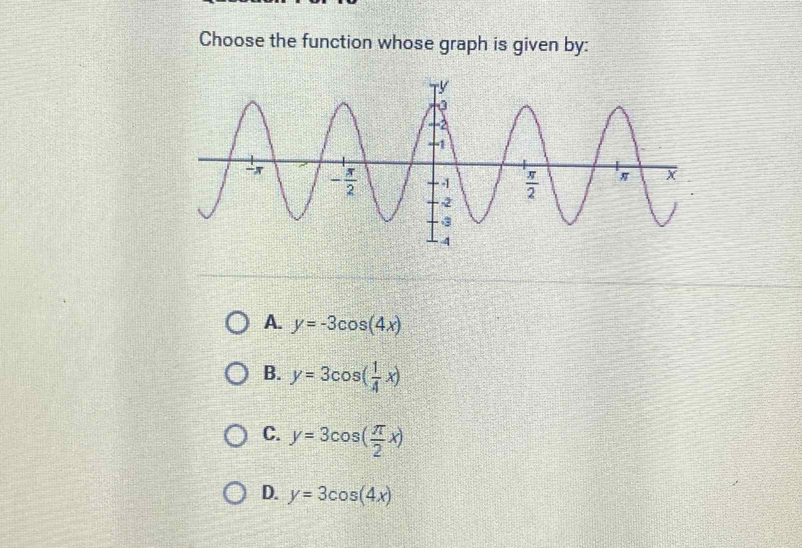 Choose the function whose graph is given by:
A. \( y=-3 \cos (4 x) \)
B. \( y=3 \cos \left(\frac{1}{1} x\right) \)
C. \( y=3 \cos \left(\frac{\pi}{2} x\right) \)
D. \( y=3 \cos (4 x) \)