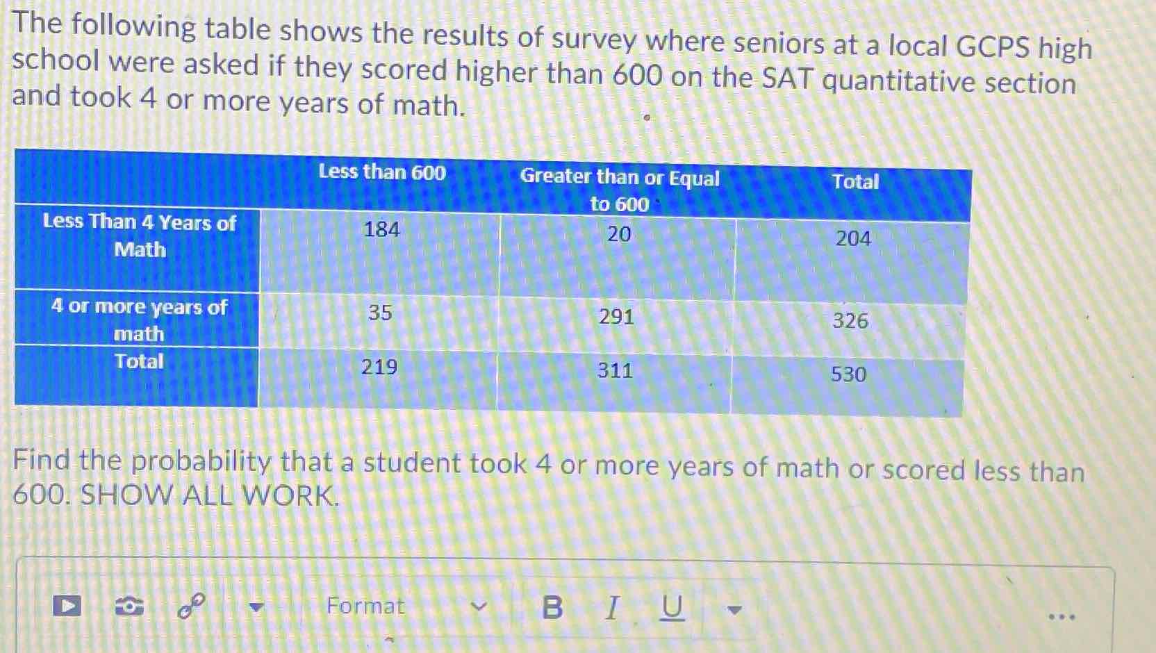 The following table shows the results of survey where seniors at a local GCPS high school were asked if they scored higher than 600 on the SAT quantitative section and took 4 or more years of math.
\begin{tabular}{|c|c|c|c|}
\hline & Less than 600 & Greater than or Equal to 600 & Total \\
\hline Less Than 4 Years of Math & 184 & 20 & 204 \\
\hline 4 or more years of math & 35 & 291 & 326 \\
\hline Total & 219 & 311 & 530 \\
\hline
\end{tabular}
Find the probability that a student took 4 or more years of math or scored less than 600. SHOW ALL WORK.