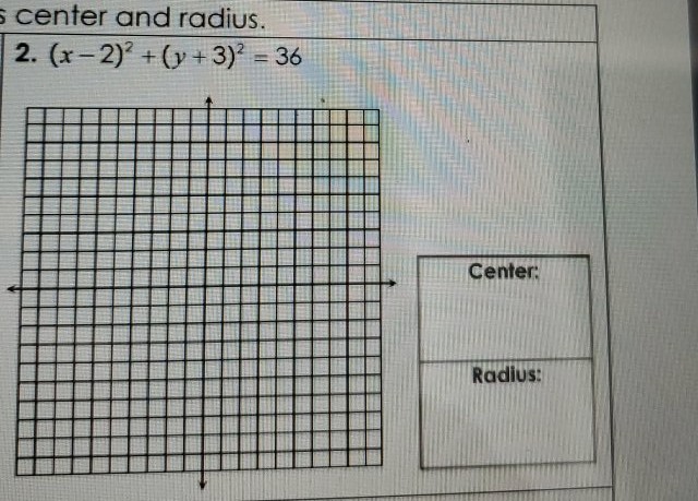 center and radius.
2. \( (x-2)^{2}+(y+3)^{2}=36 \)