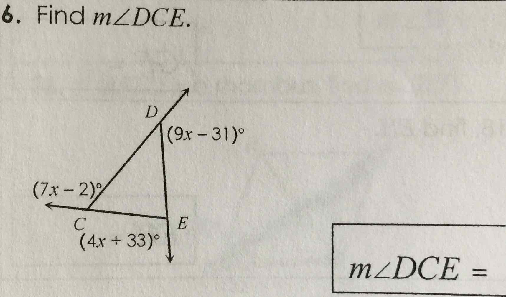 6. Find \( m \angle D C E \).