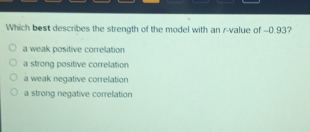 Which best describes the strength of the model with an \( r \)-value of \( -0.93 ? \)
a weak positive correlation
a strong positive correlation
a weak negative correlation
a strong negative correlation