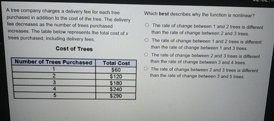 A tree company charges a delivery fee for each tree
Which best describes why the function is nonlinear? purchased in addition to the cost of the tree. The delivery fee decreases as the number of trees purchased The rate of change between 1 and 2 trees is different increases. The table below represents the total cost of \( x \) than the rate of change between 2 and 3 trees. trees purchased, including delivery fees.
The rate of change between 1 and 2 trees is different
Cost of Trees than the rate of change between 1 and 3 trees.
The rate of change between 2 and 3 trees is different than the rate of change between 3 and 4 trees.
\begin{tabular}{|c|c|}
\hline Number of Trees Purchased & Total Cost \\
\hline 1 & \( \$ 60 \) \\
\hline 2 & \( \$ 120 \) \\
\hline 3 & \( \$ 180 \) \\
\hline 4 & \( \$ 240 \) \\
\hline 5 & \( \$ 290 \) \\
\hline
\end{tabular}
The rate of change between 2 and 3 trees is different than the rate of change between 3 and 5 trees.