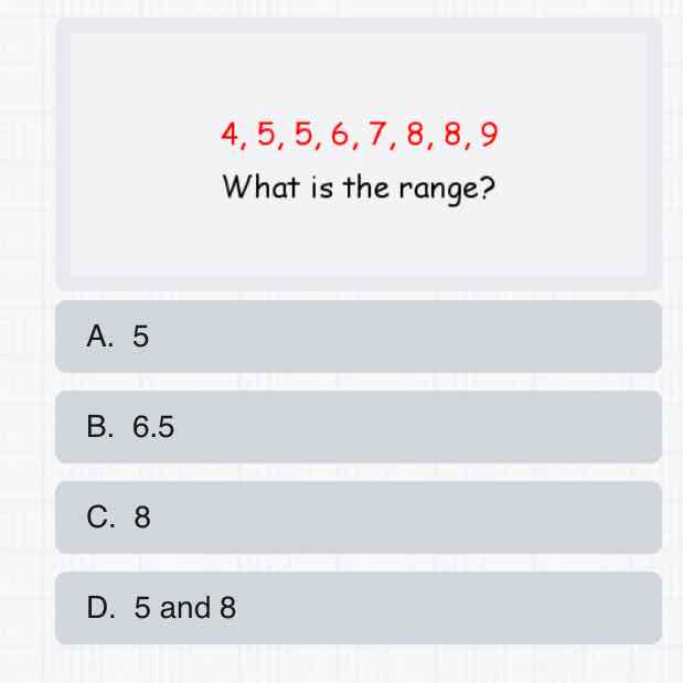 \( 4,5,5,6,7,8,8,9 \)
What is the range?
A. 5
B. \( 6.5 \)
C. 8
D. 5 and 8