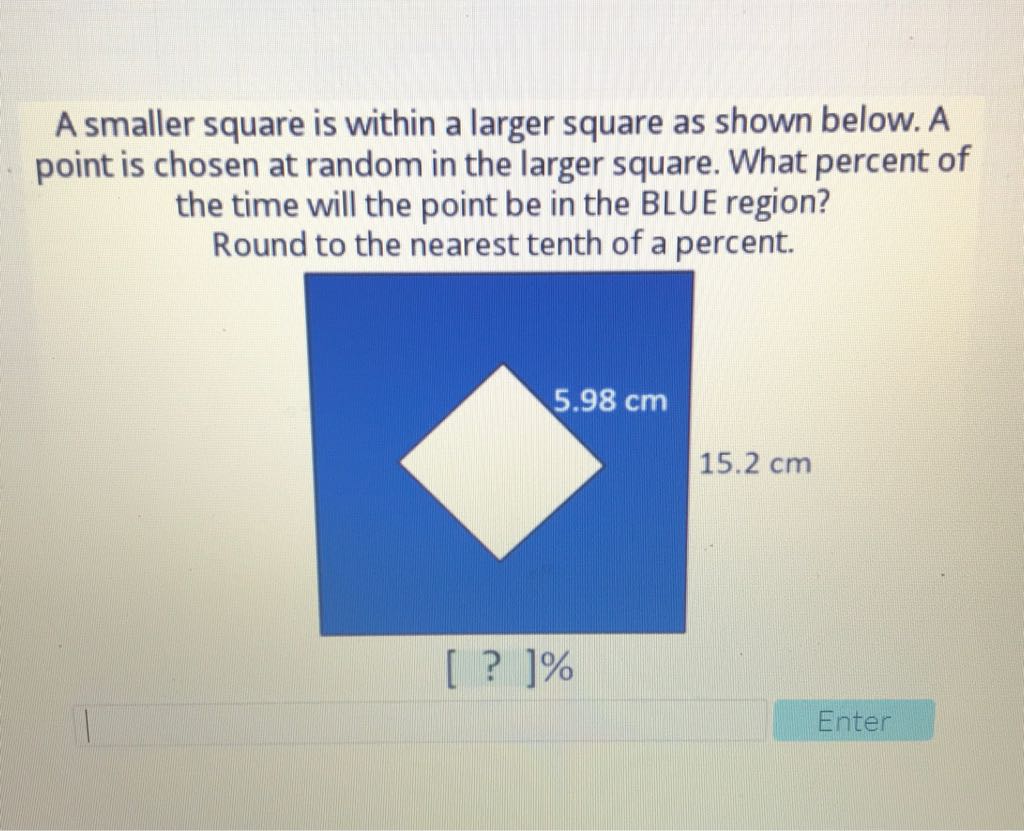 A smaller square is within a larger square as shown below. A point is chosen at random in the larger square. What percent of the time will the point be in the BLUE region?
Round to the nearest tenth of a percent.