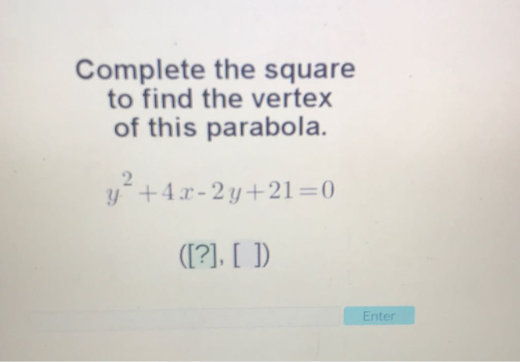 Complete the square to find the vertex of this parabola.
\[
y^{2}+4 x-2 y+21=0
\]
([?], [ ])