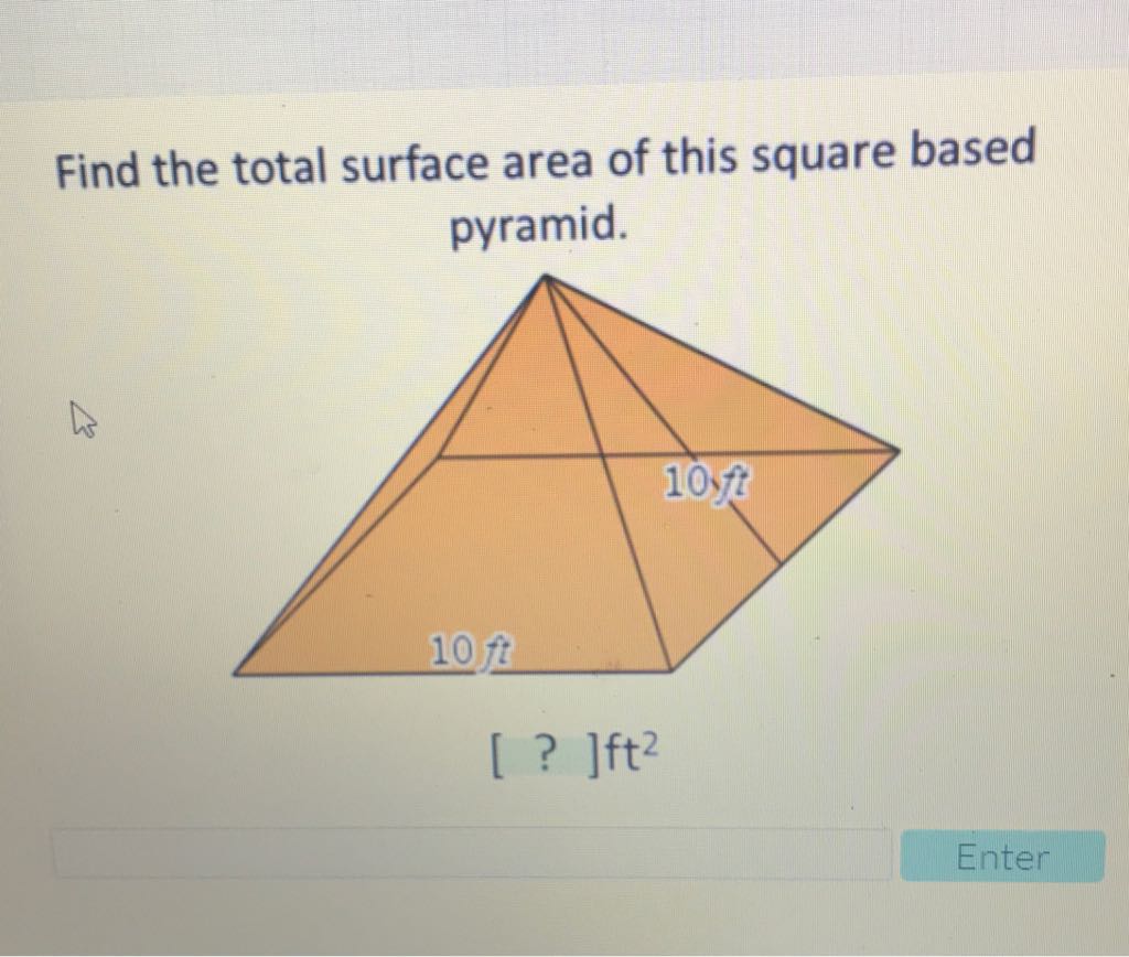 Find the total surface area of this square based pyramid.

Enter