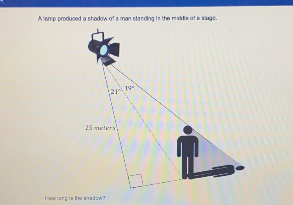 A lamp produced a shadow of a man standing in the middle of a stage.
How long is the shadow?