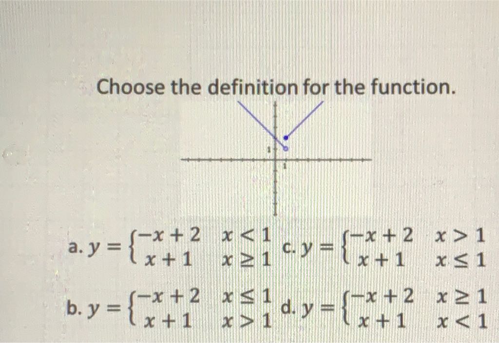 Choose the definition for the function.
a. \( y=\left\{\begin{array}{cc}-x+2 & x<1 \\ x+1 & x \geq 1\end{array}\right. \)
c. \( y=\left\{\begin{array}{cc}-x+2 & x>1 \\ x+1 & x \leq 1\end{array}\right. \)
b. \( y=\left\{\begin{array}{cc}-x+2 & x \leq 1 \\ x+1 & x>1\end{array}\right. \)
d. \( y=\left\{\begin{array}{cc}-x+2 & x \geq 1 \\ x+1 & x<1\end{array}\right. \)
