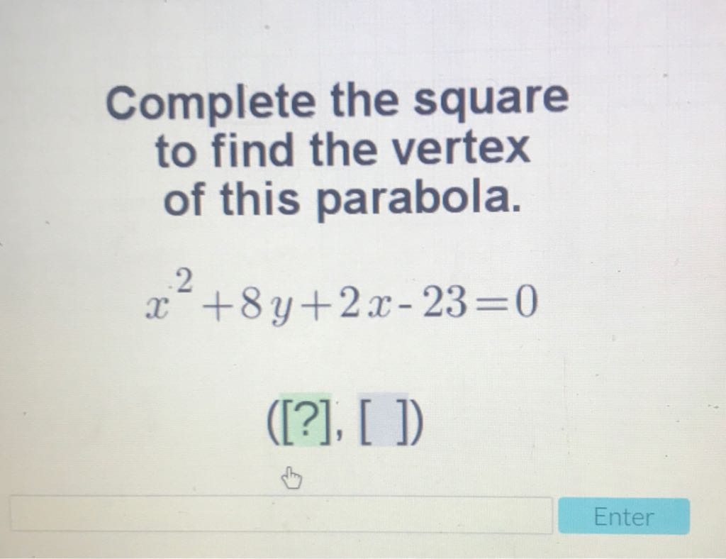 Complete the square to find the vertex of this parabola.
\[
x^{2}+8 y+2 x-23=0
\]
([?], [ ])