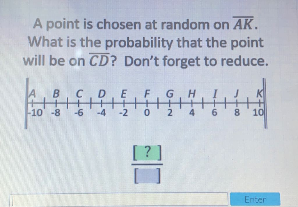 A point is chosen at random on \( \overline{A K} \). What is the probability that the point will be on \( \overline{C D} \) ? Don't forget to reduce.