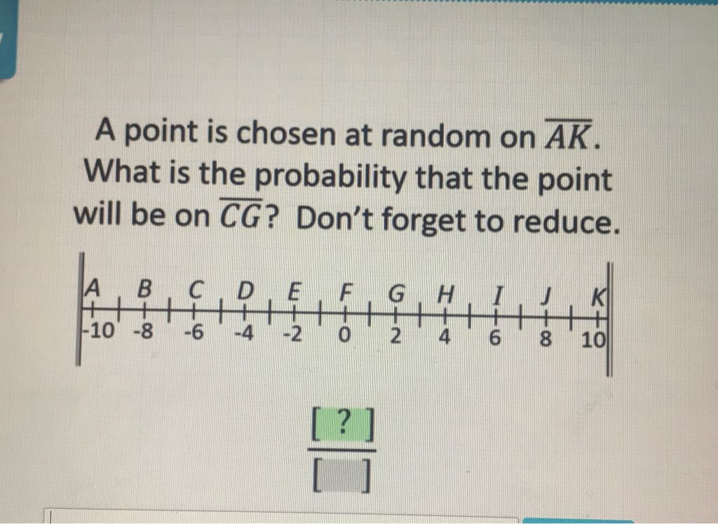 A point is chosen at random on \( \overline{A K} \). What is the probability that the point will be on \( \overline{C G} \) ? Don't forget to reduce.