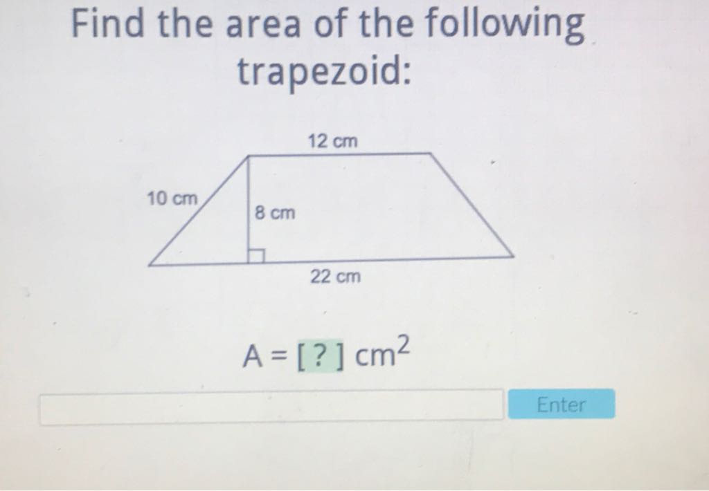 Find the area of the following trapezoid:
\[
A=[?] \mathrm{cm}^{2}
\]