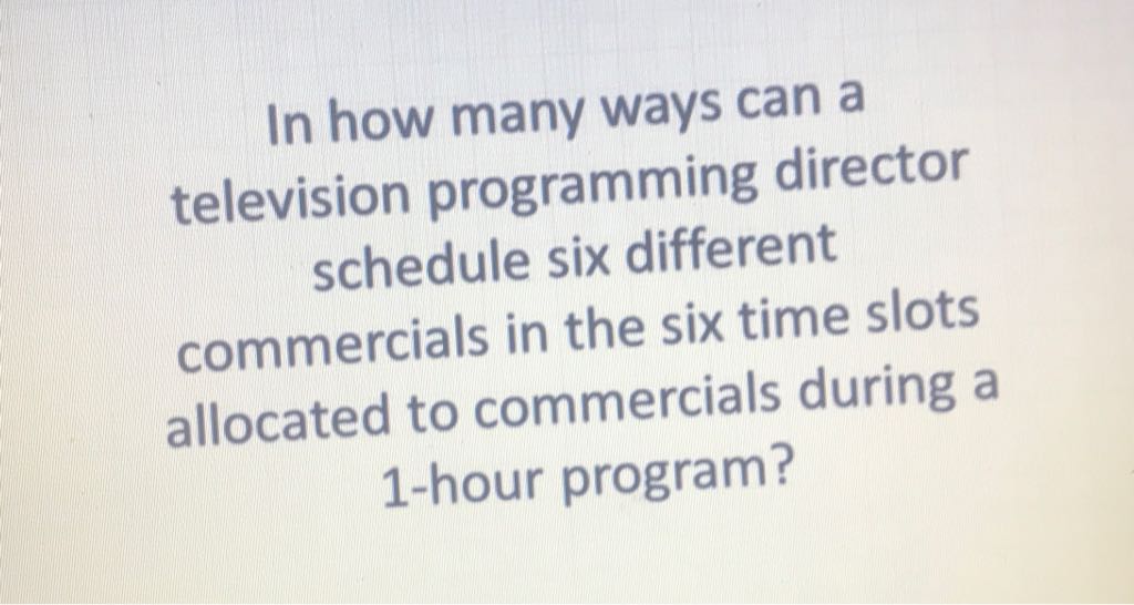 In how many ways can a television programming director schedule six different commercials in the six time slots allocated to commercials during a 1 -hour program?