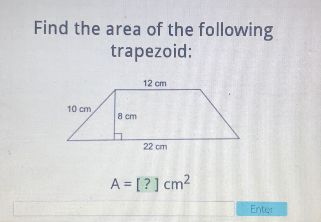 Find the area of the following trapezoid:
\[
A=[?] \mathrm{cm}^{2}
\]