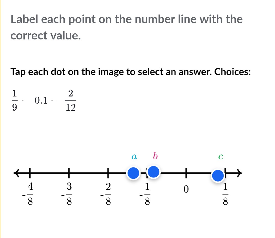 Label each point on the number line with the correct value.

Tap each dot on the image to select an answer. Choices:
\[
\frac{1}{9} \cdot-0.1 \cdot-\frac{2}{12}
\]