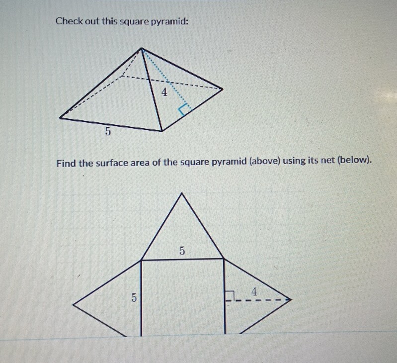 Check out this square pyramid:
Find the surface area of the square pyramid (above) using its net (below).